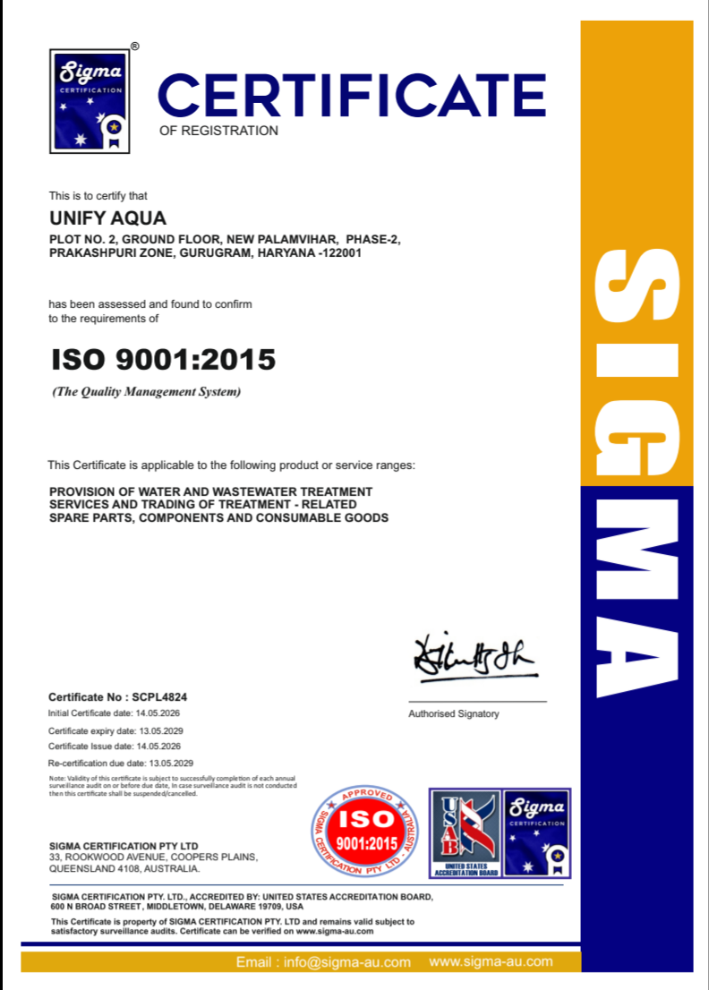ISO certification certificate for Unify Aqua showing the certification number