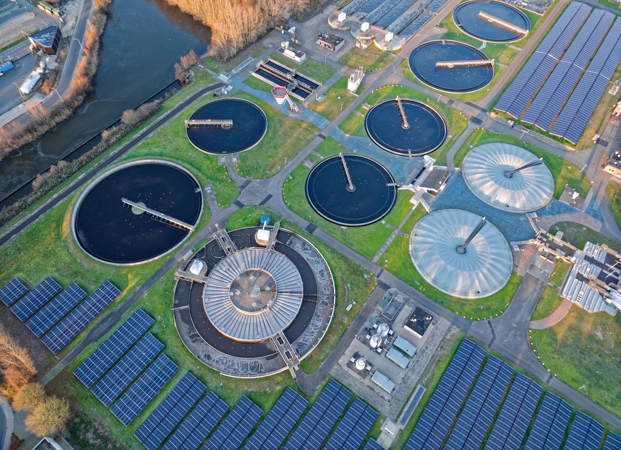 Aerial view of modern wastewater treatment plant